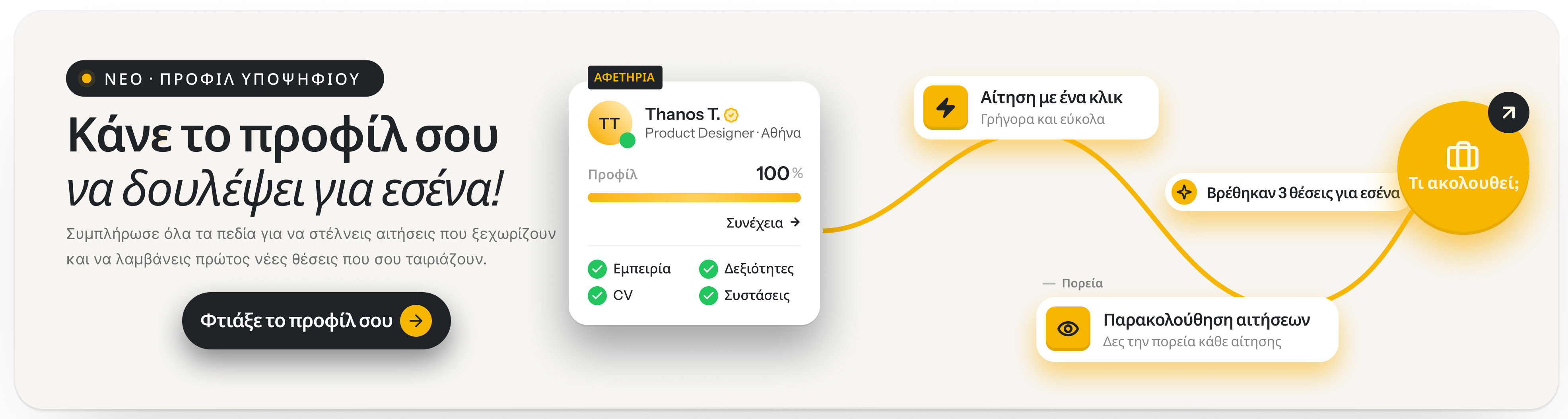 xe.gr homepage banner concept — a job-seeker profile card connected by yellow routes to a one-click application, application tracking, and 'the next opportunity'