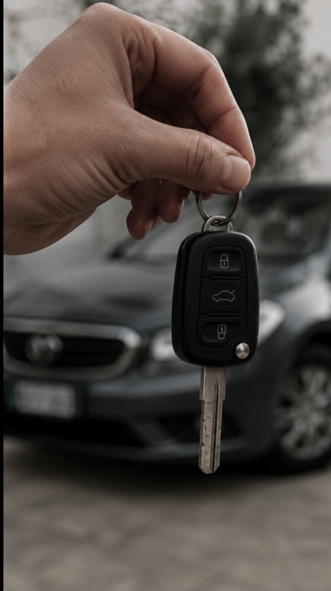 A hand holding car keys in front of a parked car