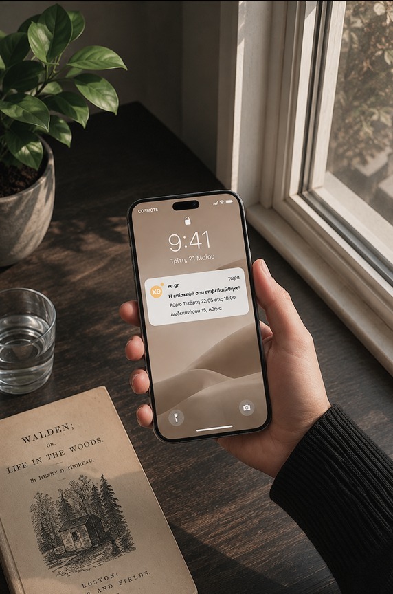 A hand holding a phone showing a confirmed viewing appointment, by a sunlit window