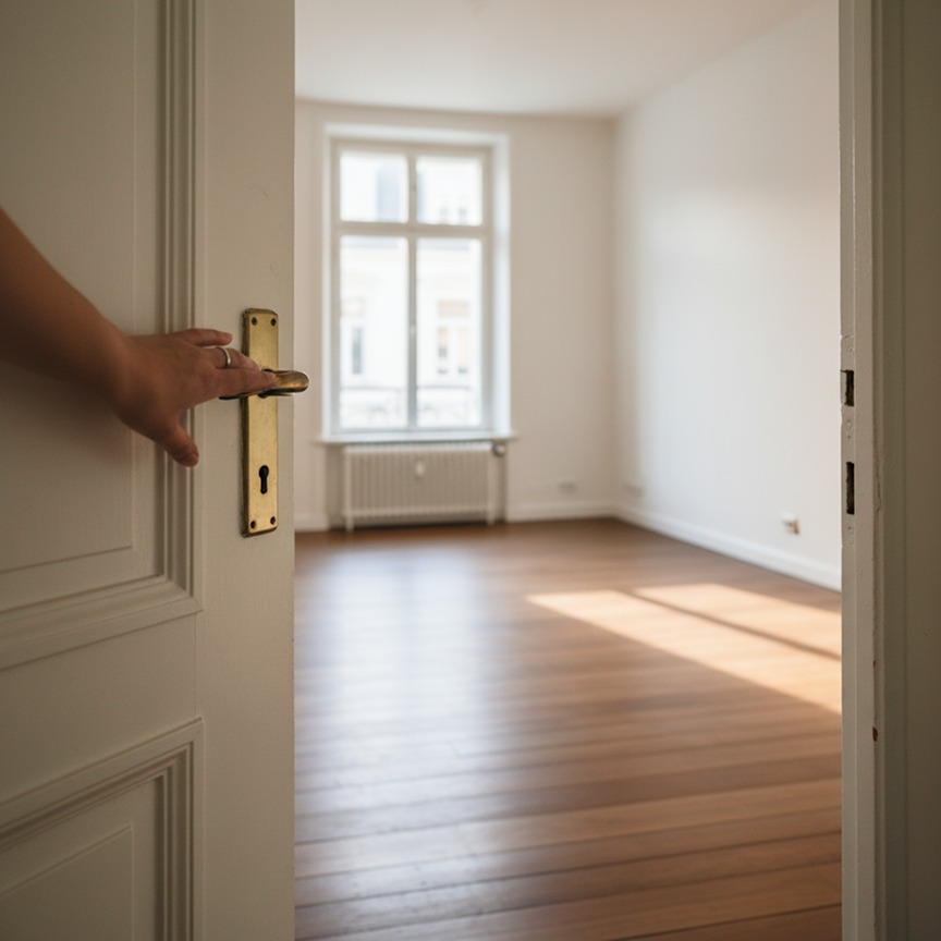 A hand opening a door into a sunlit, empty apartment room