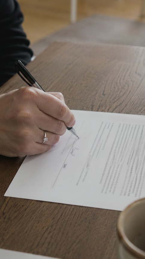 A hand signing a document at a wooden table