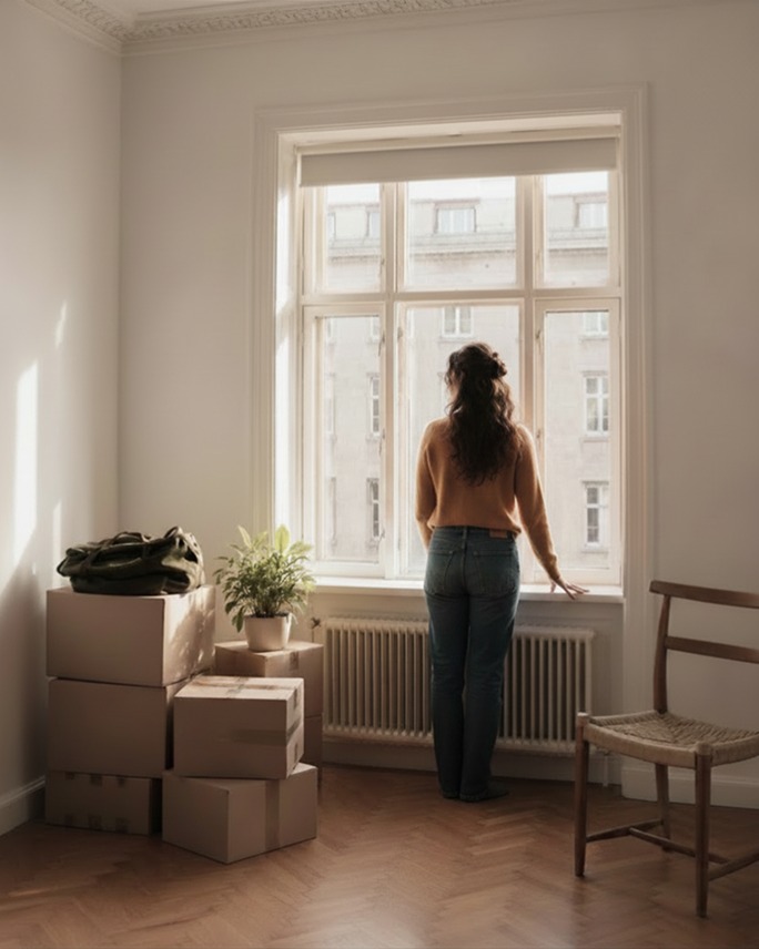 A person looking out an apartment window, surrounded by moving boxes